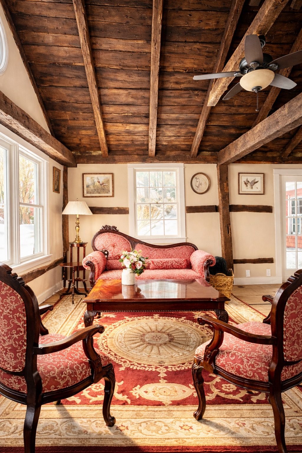 Antique parlor with Victorian settee under original beams