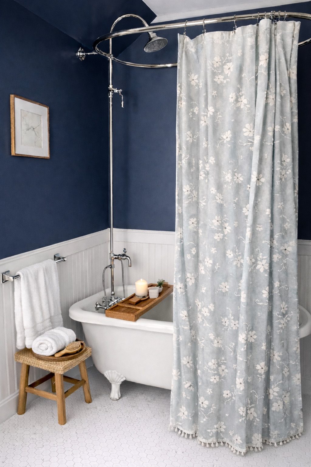 Clawfoot tub bath with rainfall shower in the historic farmhouse