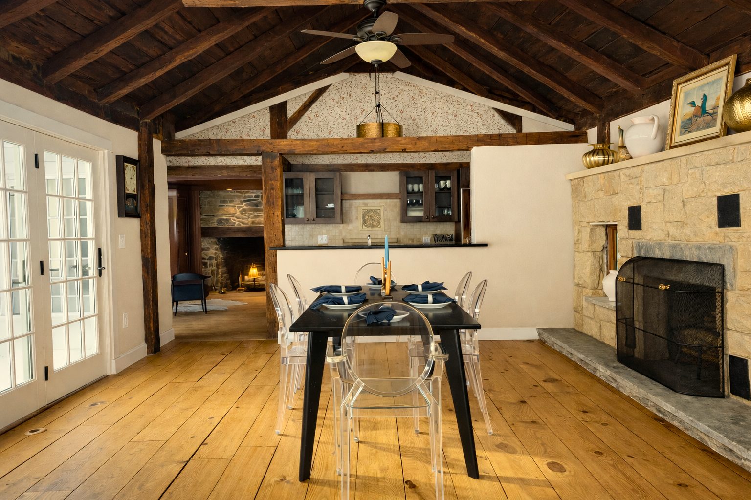 Dining room at golden hour in the upstate New York farmhouse rental