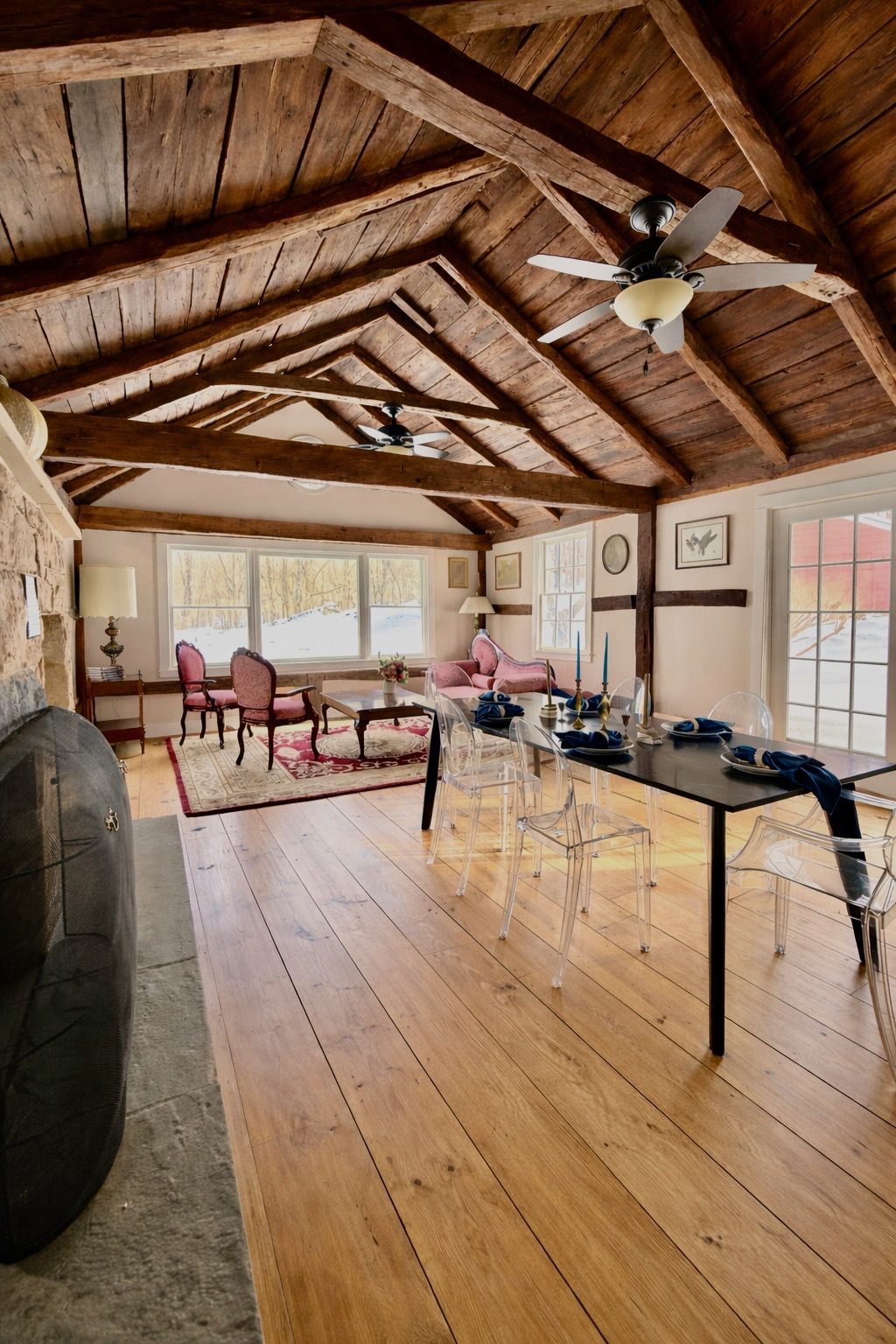 Cathedral beamed great room of the historic 1705 farmhouse rental near Pawling NY